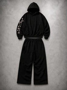 Manfinity EMRG Men's Koi Fish & Cherry Blossom Embroidered Hoodie And Pants Set, Black Japanese , Goth - Black - View 4