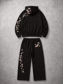 Manfinity EMRG Men's Koi Fish & Cherry Blossom Embroidered Hoodie And Pants Set, Black Japanese , Goth - Black - View 5