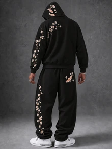 Manfinity EMRG Men's Koi Fish & Cherry Blossom Embroidered Hoodie And Pants Set, Black Japanese , Goth - Black - View 2