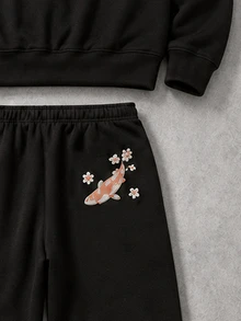 Manfinity EMRG Men's Koi Fish & Cherry Blossom Embroidered Hoodie And Pants Set, Black Japanese , Goth - Black - View 7