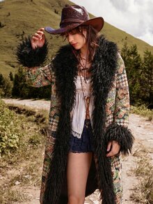 Bohemela 女款編織寬鬆長款人造毛皮大衣，全黑冬季圖案設計，折衷主義復古波希米亞風格，適合夜生活、日常、夜店穿著 - 彩色 - 查看 3
