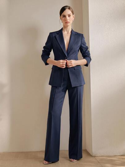 Anewsta Navy Blue Autumn Business Corporate Suit Set,Elegant Office Women's Solid Color Single-Breasted Long Sleeve Vintage Suit For Wedding Guests