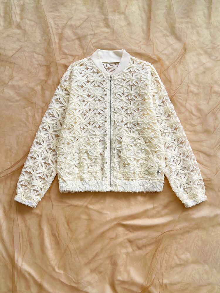 Soleia Autumn/Winter Casual Elegant Romantic Goth 3D Floral Fabric Zip-Up Cardigan Jacket High Tea Date Off White - Apricot - View 4