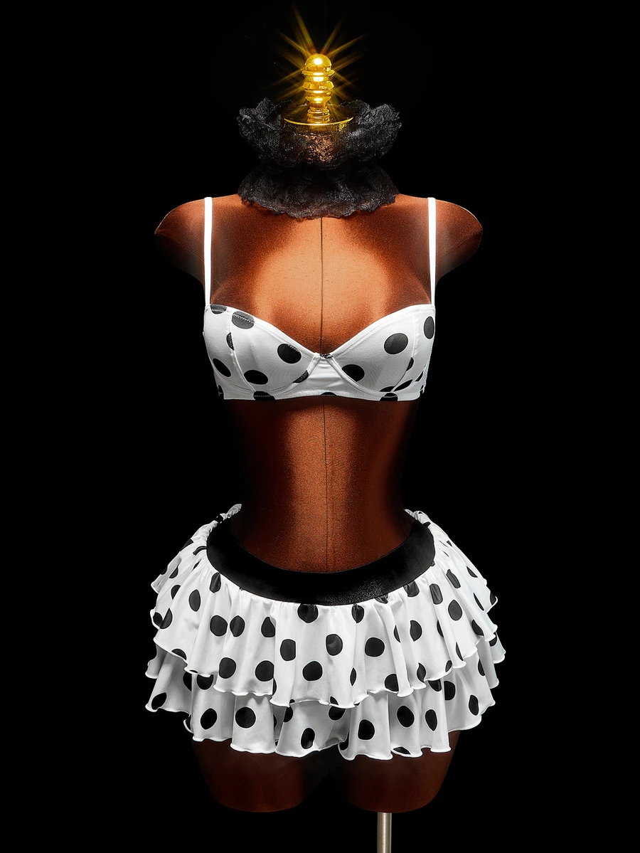 Amplova Setelan Bra & Rok Motif Polkadot Wanita 2 Potong untuk Halloween - Hitam dan Putih - View 1
