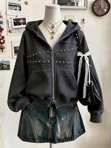 Lalippa 女款外套上衣 秋冬新款 時尚百搭 戶外度假穿搭 街頭風 橘色 箔印花 女款雙拉鍊運動衫 - 深灰色 - 查看 1