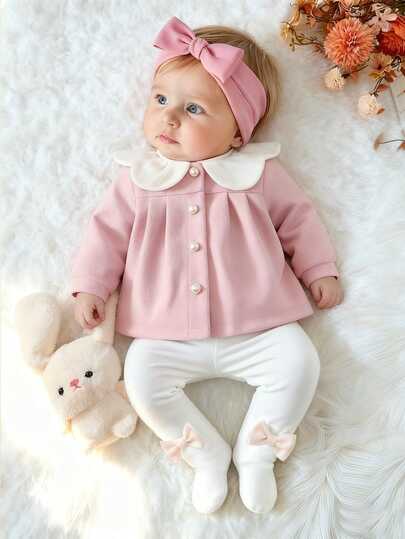 SHEIN 2pcs Baby Girls Woolen Coat Leggings Set New Arrival Toddler Peter Pan Collar Autumn Winter Outfit Family Matching Photoshoot Dusty Pink White Kawaii