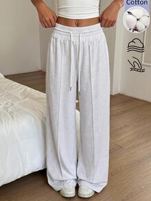 SHEIN EZwear 女款休閒百搭抽繩腰鬆身運動長褲 居家健身輕灰色夏季款 - 淺灰色 - 查看 9