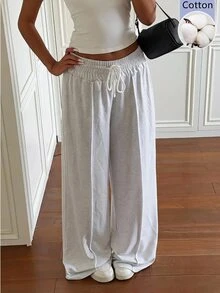 SHEIN EZwear 女款休閒百搭抽繩腰鬆身運動長褲 居家健身輕灰色夏季款 - 淺灰色 - 查看 7