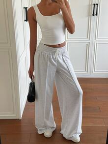 SHEIN EZwear 女款休閒百搭抽繩腰鬆身運動長褲 居家健身輕灰色夏季款 - 淺灰色 - 查看 4