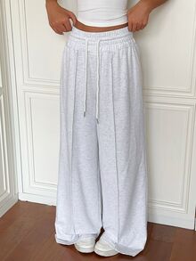 SHEIN EZwear 女款休閒百搭抽繩腰鬆身運動長褲 居家健身輕灰色夏季款 - 淺灰色 - 查看 6
