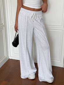 SHEIN EZwear 女款休閒百搭抽繩腰鬆身運動長褲 居家健身輕灰色夏季款 - 淺灰色 - 查看 3