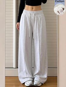 SHEIN EZwear 女款休閒百搭抽繩腰鬆身運動長褲 居家健身輕灰色夏季款 - 淺灰色 - 查看 10