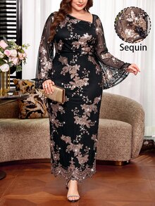 SHEIN Clasi Plus Size Women's Floral Print Casual Party Dress Fall - Champagne - View 10