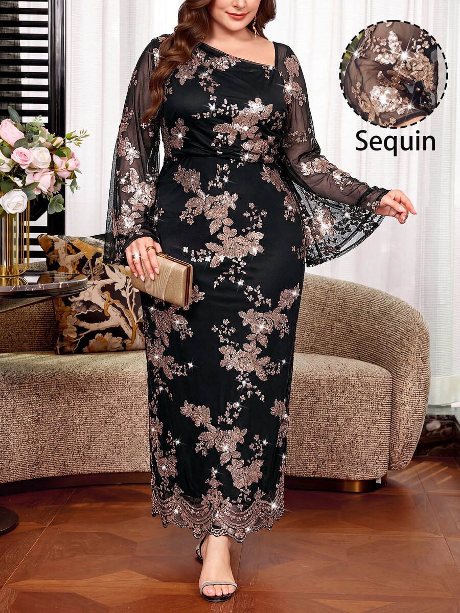 SHEIN Clasi فستان سهرة رسمي أنيق بطبعة زهور سماوية كاجوال للنساء مقاس كبير، أسود، مناسب لحفلات الزفاف والخريف