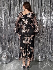 SHEIN Clasi Plus Size Women's Floral Print Casual Party Dress Fall - Champagne - View 3