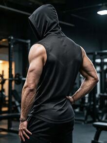 GymBeat ملابس علوية رياضي بدون أكمام بقلنسوة بطبعة عنكبوت بسيطة للرجال، للجيم - متعدد الألوان - مشاهدة 2