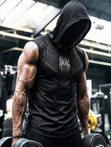 GymBeat ملابس علوية رياضي بدون أكمام بقلنسوة بطبعة عنكبوت بسيطة للرجال، للجيم - متعدد الألوان - مشاهدة 1