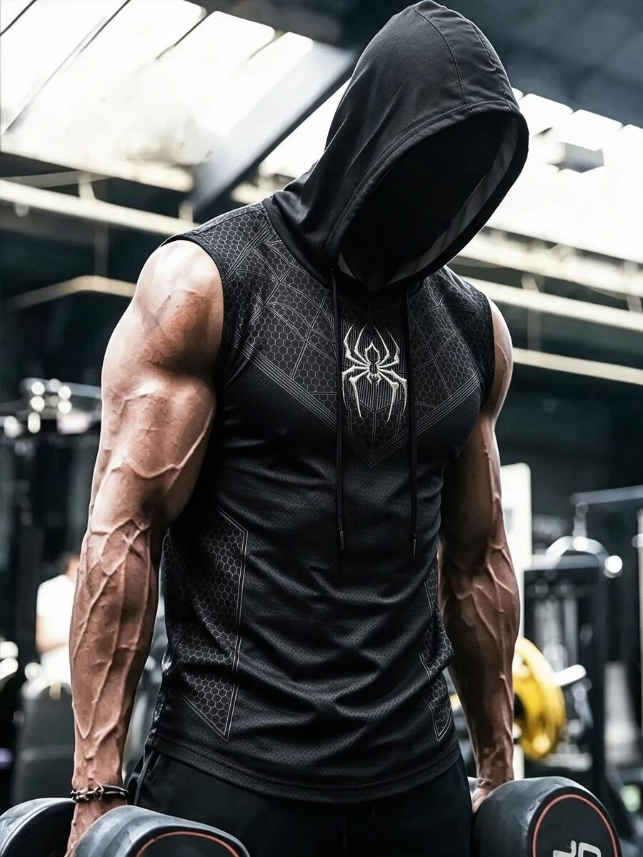 GymBeat ملابس علوية رياضي بدون أكمام بقلنسوة بطبعة عنكبوت بسيطة للرجال، للجيم - متعدد الألوان - مشاهدة 1