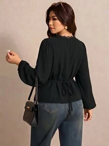 Elaquor Autumn New Plus Size Black Solid V-Neck Long Sleeve Blouse - Black - View 3