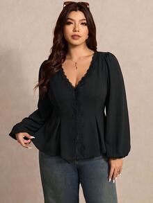Elaquor Autumn New Plus Size Black Solid V-Neck Long Sleeve Blouse - Black - View 6