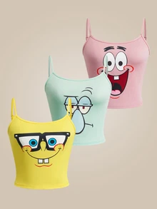 SpongeBob SquarePants | SHEIN قميص كاميسول نسائي صيفي كاجوال بطبعة كرتونية - متعدد الألوان - مشاهدة 1