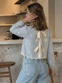 Muvela Women's Striped Floral Embroidered Pattern Casual Daily Wear Shirt - Blue - View 7