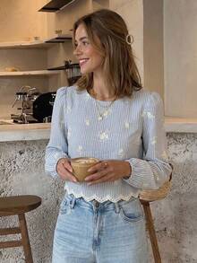 Muvela Women's Striped Floral Embroidered Pattern Casual Daily Wear Shirt - Blue - View 6