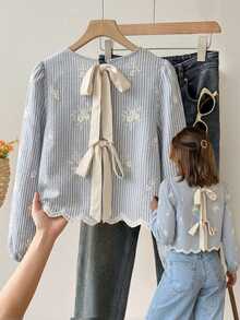Muvela Women's Striped Floral Embroidered Pattern Casual Daily Wear Shirt - Blue - View 9