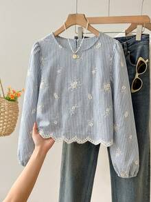 Muvela Women's Striped Floral Embroidered Pattern Casual Daily Wear Shirt - Blue - View 3