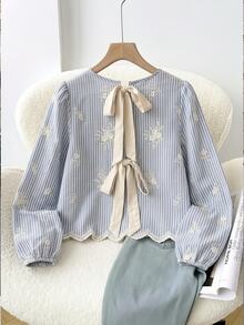 Muvela Women's Striped Floral Embroidered Pattern Casual Daily Wear Shirt - Blue - View 1