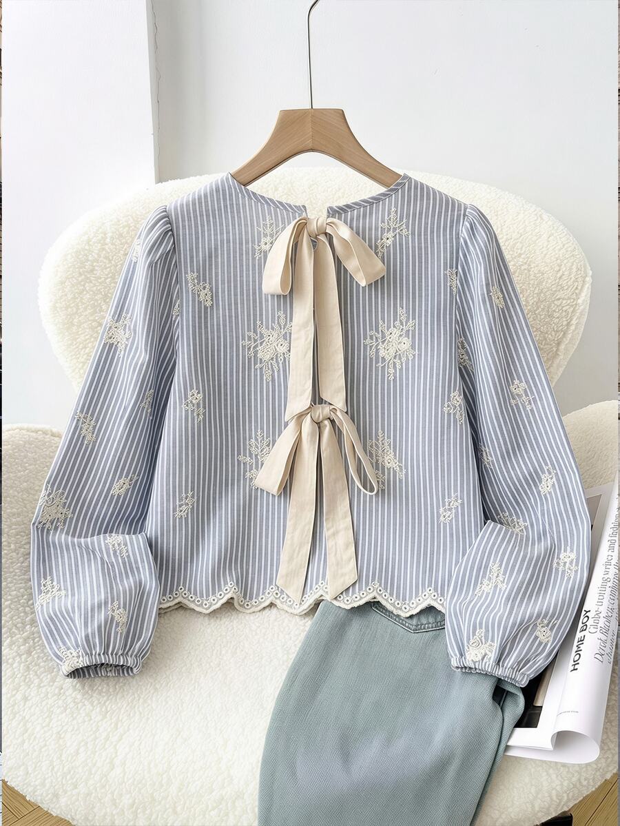 Muvela Women's Striped Floral Embroidered Pattern Casual Daily Wear Shirt - Blue - View 1
