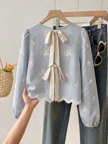 Muvela Women's Striped Floral Embroidered Pattern Casual Daily Wear Shirt - Blue - View 2