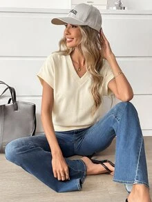 Easowa Women's Solid Color V-Neck Casual Versatile T-Shirt,Summer Top - Yellow - View 5