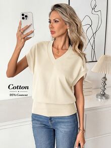 Easowa Women's Solid Color V-Neck Casual Versatile T-Shirt,Summer Top - Yellow - View 2