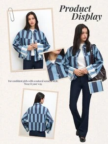 Nöista Striped Cropped Jacket In Pink And Rust Tones, Casual Chic Jacket For Women, Fall Layering, Business Casual Cozy - Blue - View 10
