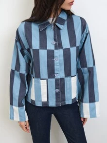 Nöista Striped Cropped Jacket In Pink And Rust Tones, Casual Chic Jacket For Women, Fall Layering, Business Casual Cozy - Blue - View 7