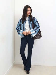 Nöista Striped Cropped Jacket In Pink And Rust Tones, Casual Chic Jacket For Women, Fall Layering, Business Casual Cozy - Blue - View 6