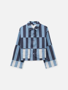 Nöista Striped Cropped Jacket In Pink And Rust Tones, Casual Chic Jacket For Women, Fall Layering, Business Casual Cozy - Blue - View 12