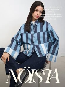 Nöista Striped Cropped Jacket In Pink And Rust Tones, Casual Chic Jacket For Women, Fall Layering, Business Casual Cozy - Blue - View 9