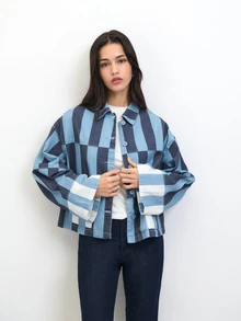 Nöista Striped Cropped Jacket In Pink And Rust Tones, Casual Chic Jacket For Women, Fall Layering, Business Casual Cozy - Blue - View 4