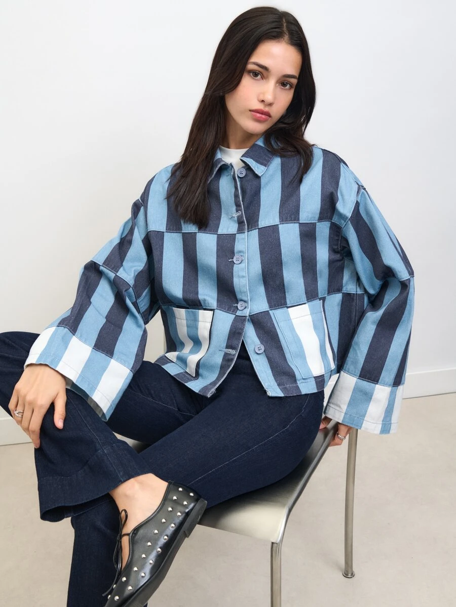 Nöista Striped Cropped Jacket In Pink And Rust Tones, Casual Chic Jacket For Women, Fall Layering, Business Casual Cozy - Blue - View 1
