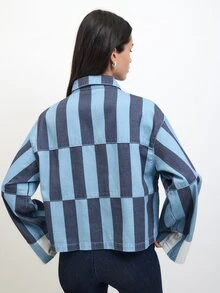 Nöista Striped Cropped Jacket In Pink And Rust Tones, Casual Chic Jacket For Women, Fall Layering, Business Casual Cozy - Blue - View 3