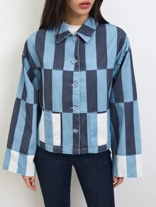 Nöista Striped Cropped Jacket In Pink And Rust Tones, Casual Chic Jacket For Women, Fall Layering, Business Casual Cozy - Blue - View 2