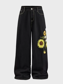 AXEPEAK Men's Black & Grey Washed Embroidered Fashion Long Pants - Black - View 3