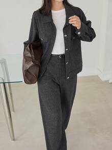 Dazy-Less Women's Long Sleeve Single-Breasted Jacket And Pants Casual Fall - Grey - View 4