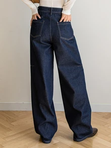 Dazy-Less Women's Cotton High Waist Navy Blue Solid Color Contrast Stitching Loose Super Wide Leg Casual Jeans Summer Going Out Night - Dark Wash - View 2