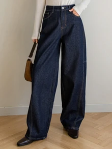 Dazy-Less Women's Cotton High Waist Navy Blue Solid Color Contrast Stitching Loose Super Wide Leg Casual Jeans Summer Going Out Night - Dark Wash - View 9