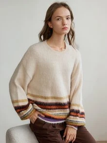 Dazy-Less Women's Wool Colorblock Casual Retro Daily Brunch Long Sleeve Sweater Beige Autumn Winter - Apricot - View 6