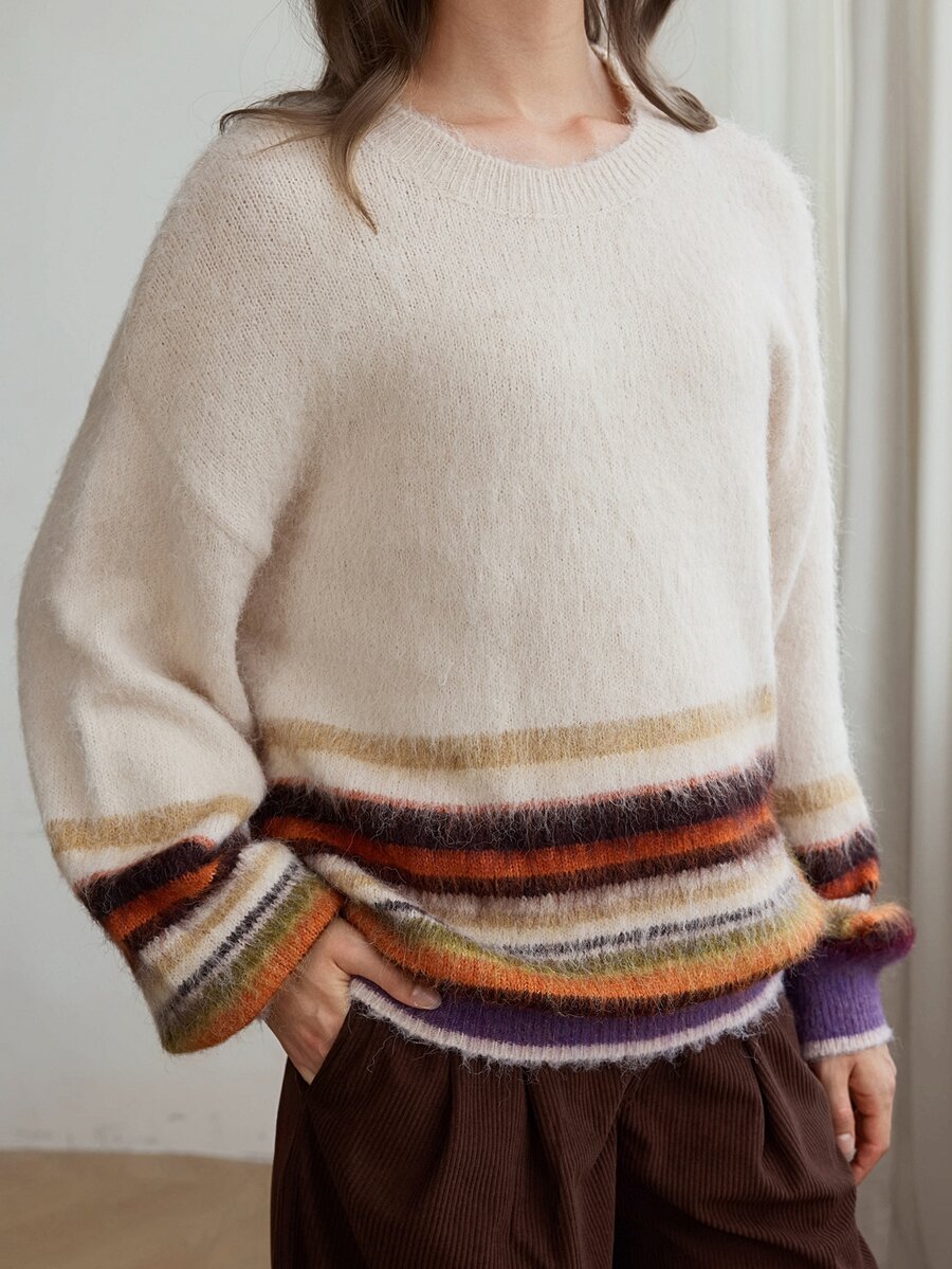 Dazy-Less Women's Wool Colorblock Casual Retro Daily Brunch Long Sleeve Sweater Beige Autumn Winter - Apricot - View 1