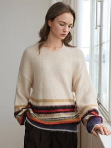 Dazy-Less Women's Wool Colorblock Casual Retro Daily Brunch Long Sleeve Sweater Beige Autumn Winter - Apricot - View 3